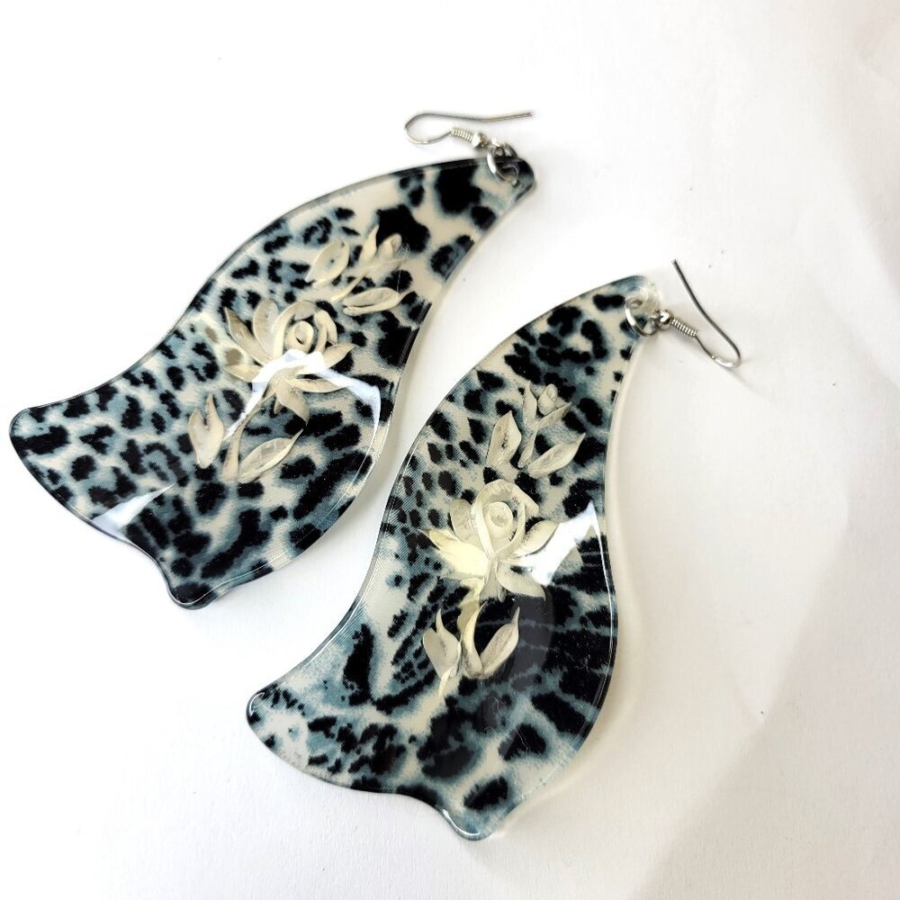 Dark Blue Leopard Print Resin Big Dangle Earrings Bluish Black Long Earrings